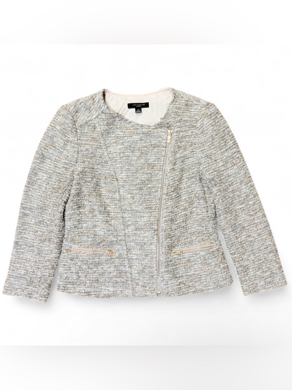 New Ann Taylor Neutral Tweed Jacket Gold Zip Pocket Size 4P
